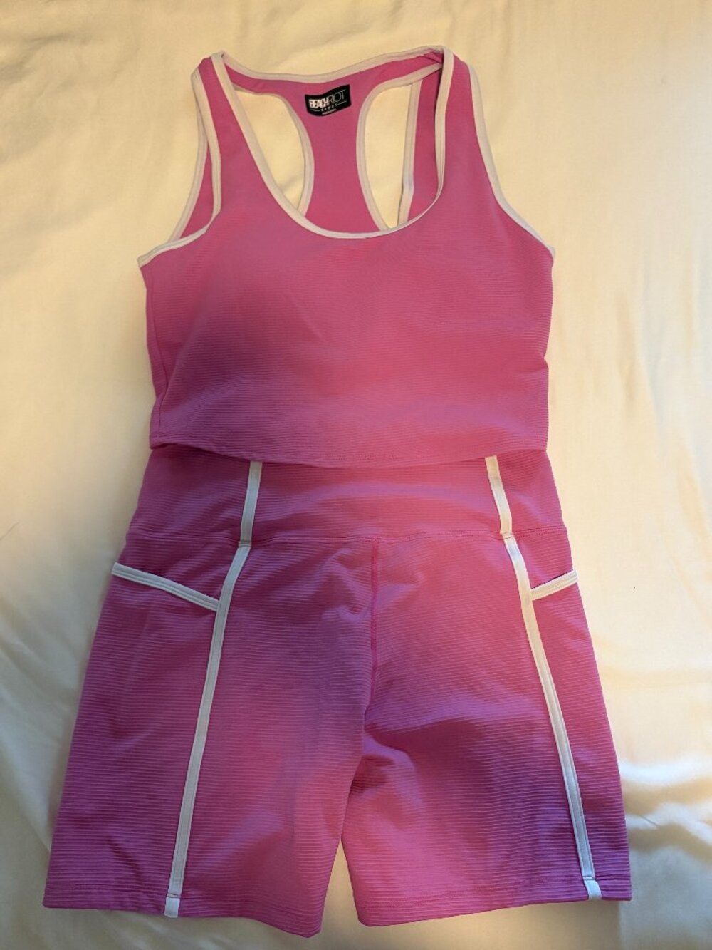 Beach Riot Sport Pink Ribbed Activewear Set Sports Bra & Biker Shorts Size Large